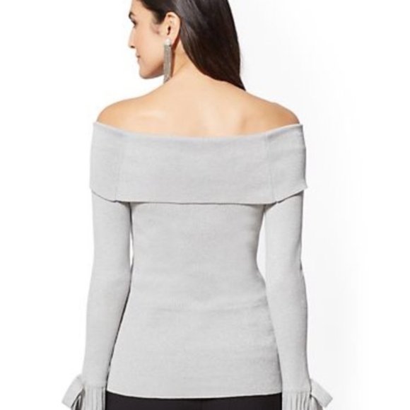 7th Avenue Silver Metallic Off Shoulder Sweater M - Picture 2 of 8